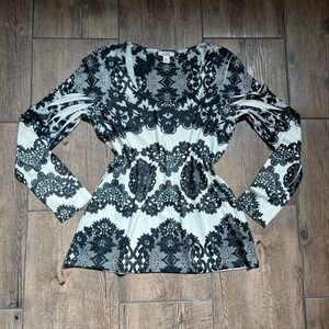 Cache Black & White Print‎ Long-Sleeve Knit Top Made in USA Women's Size Medium